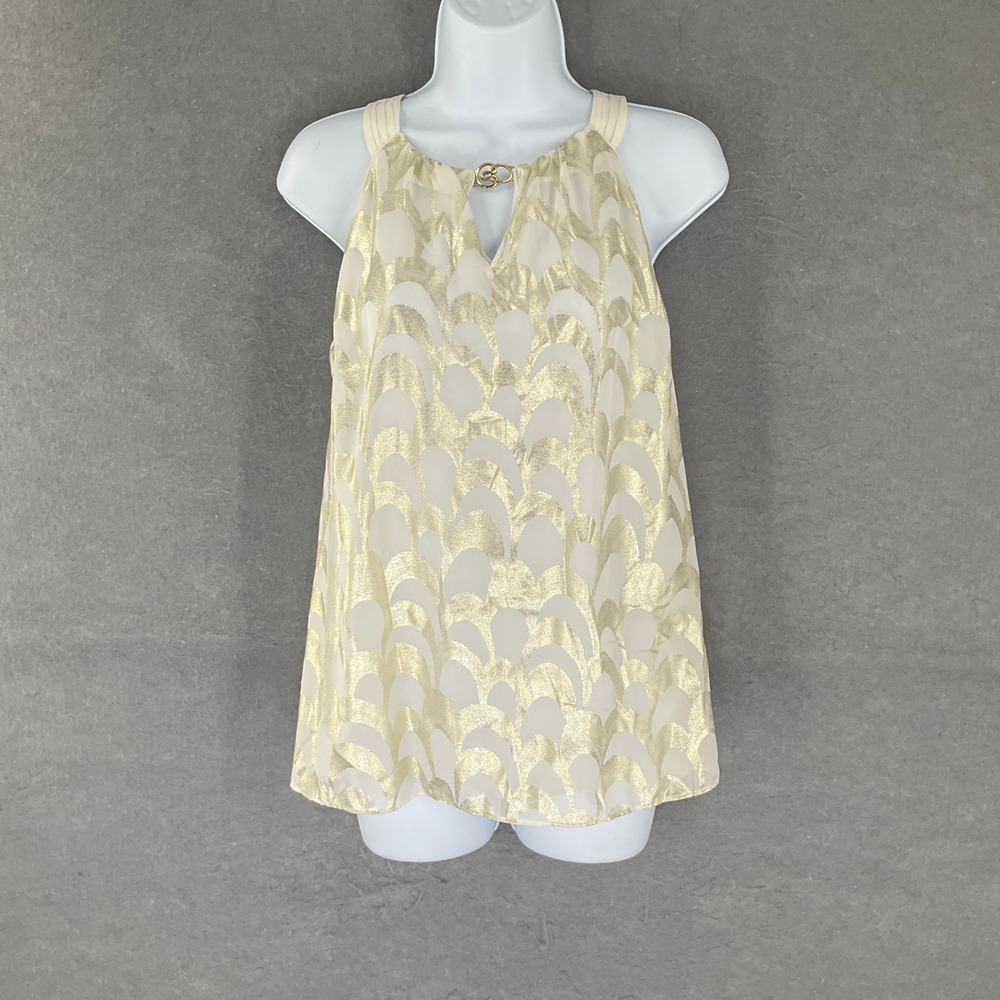 WHBM Cream Gold Scalloped Pattern Keyhole Halter Top‎ Sz S Party Cocktail NEW